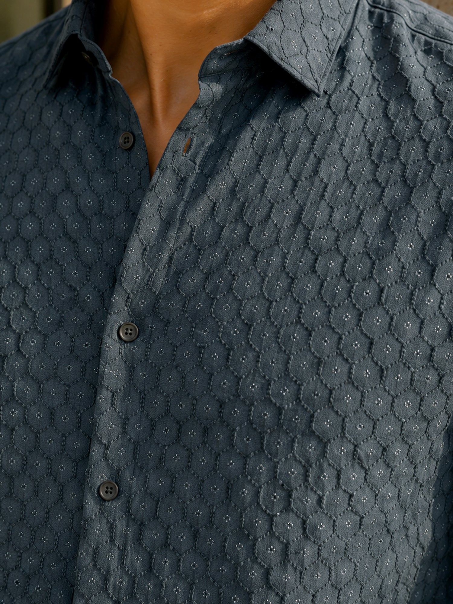 Men Dark Grey Self-Design Full Sleeve Casual Shirt