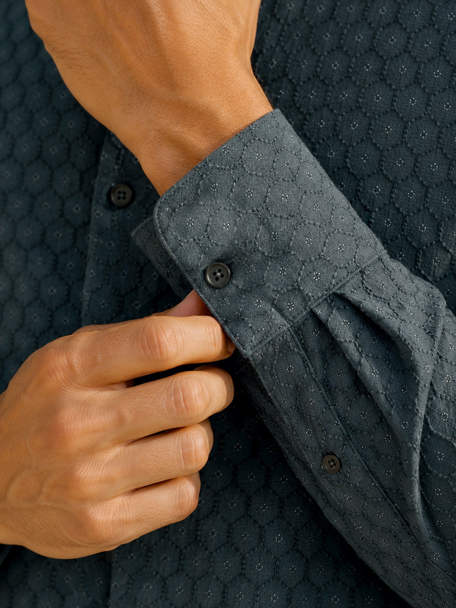 Men Dark Grey Self-Design Full Sleeve Casual Shirt