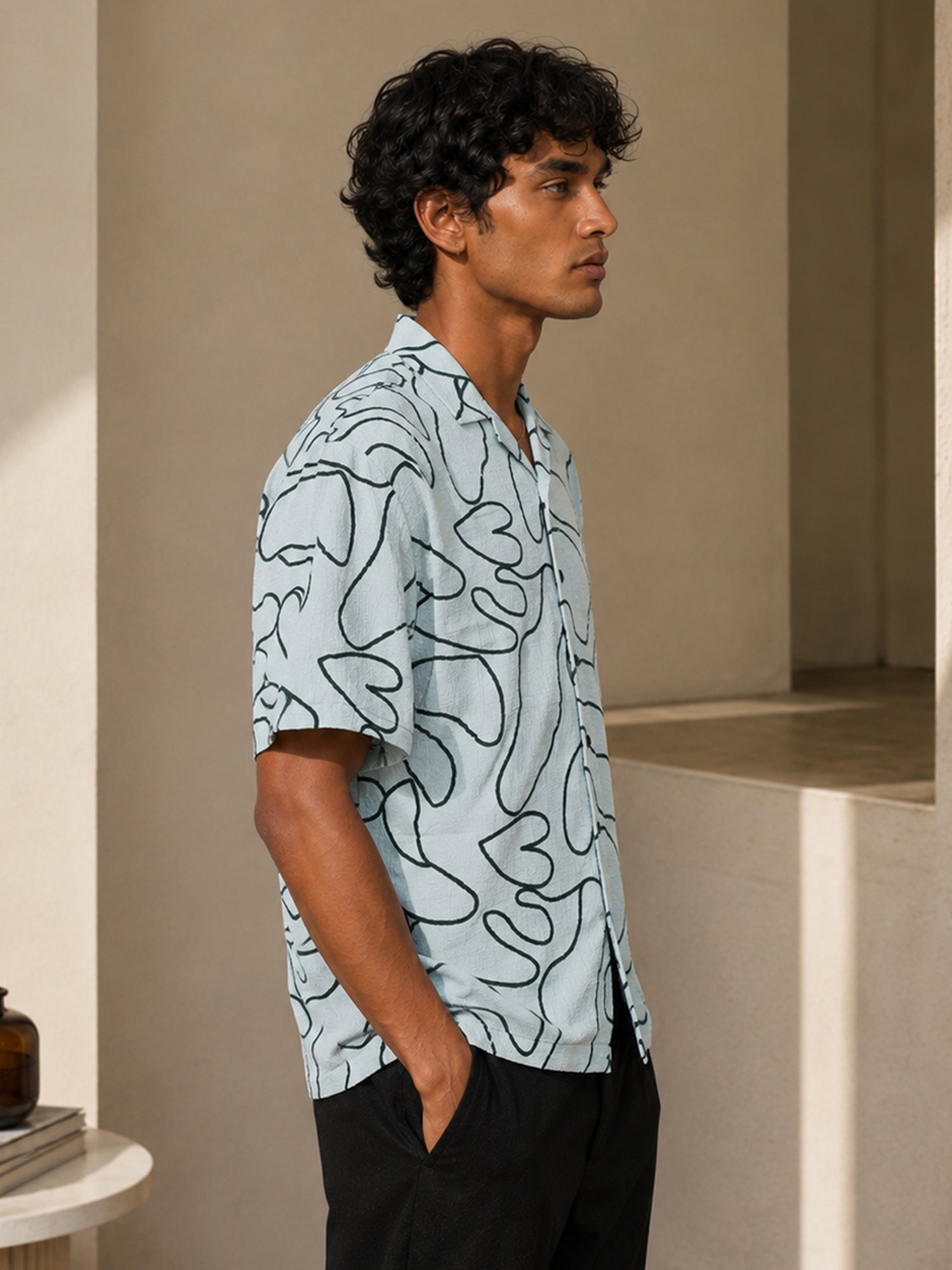 Men Light Grey Organic Abstract Relaxed Shirt