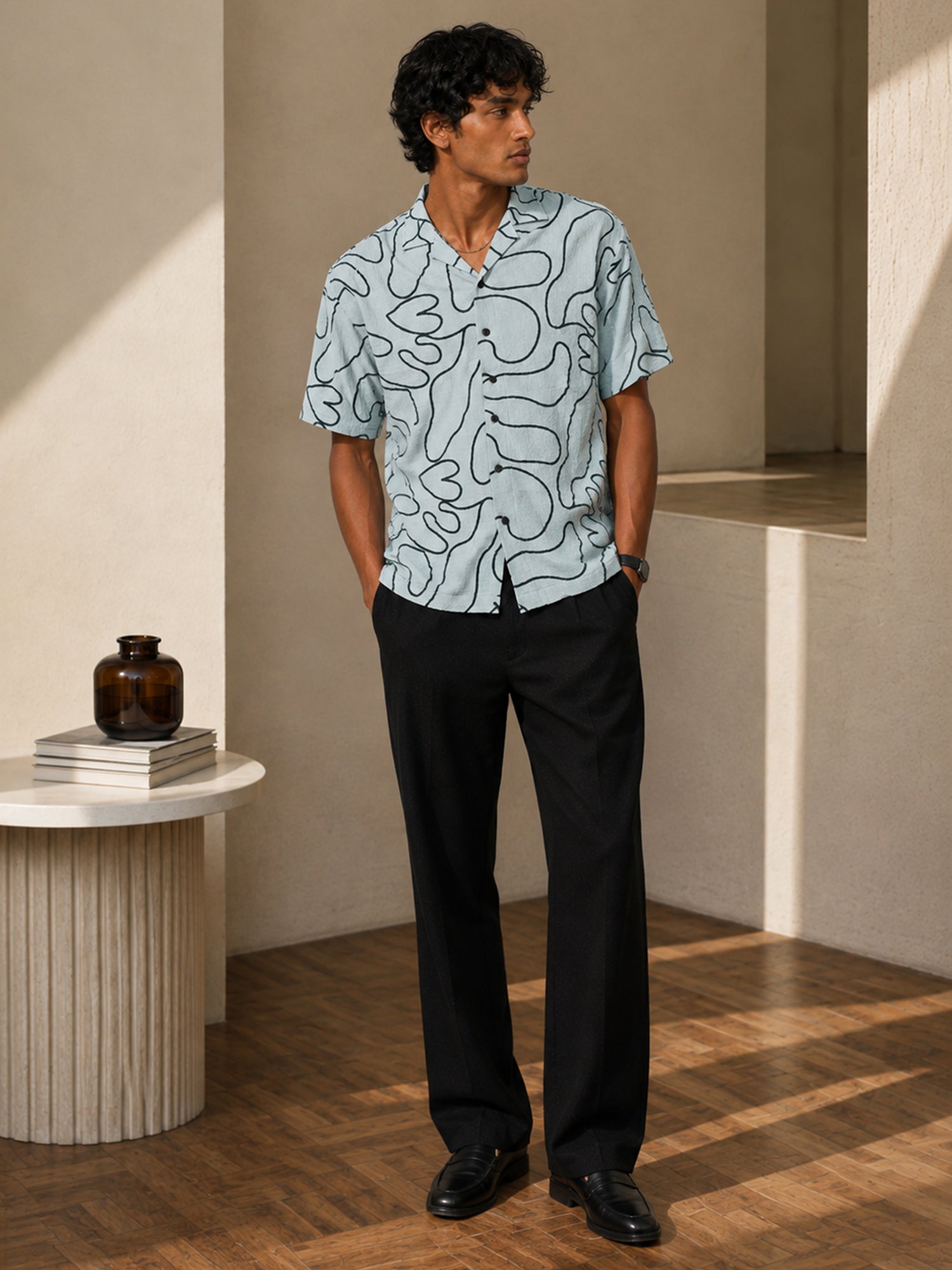 Men Light Grey Organic Abstract Relaxed Shirt