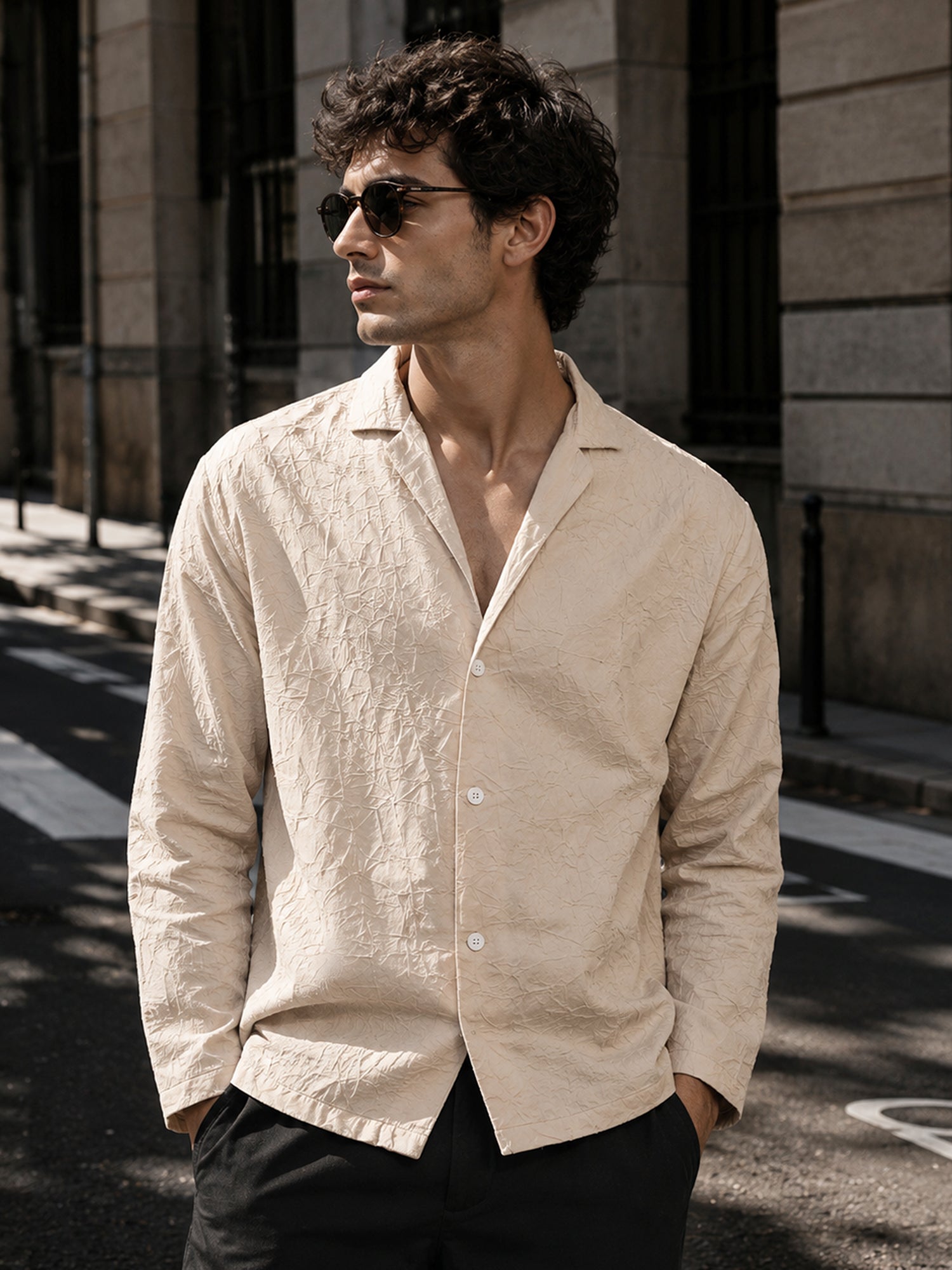 Men Beige Textured Full Sleeve Smart Casual Shirt