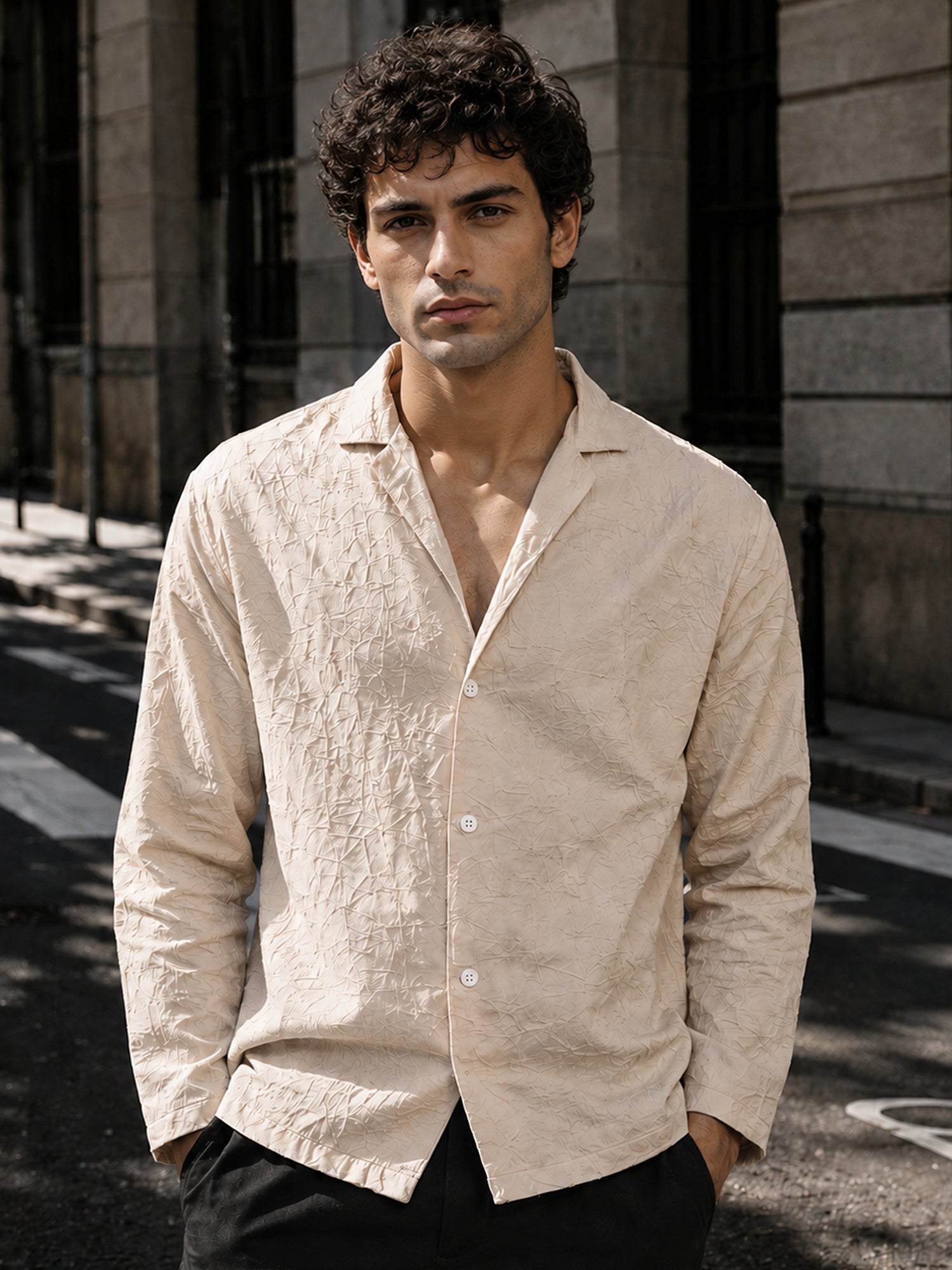 Men Beige Textured Full Sleeve Smart Casual Shirt