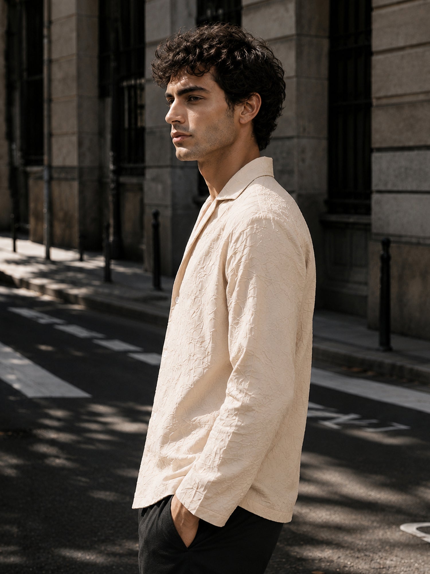 Men Beige Textured Full Sleeve Smart Casual Shirt