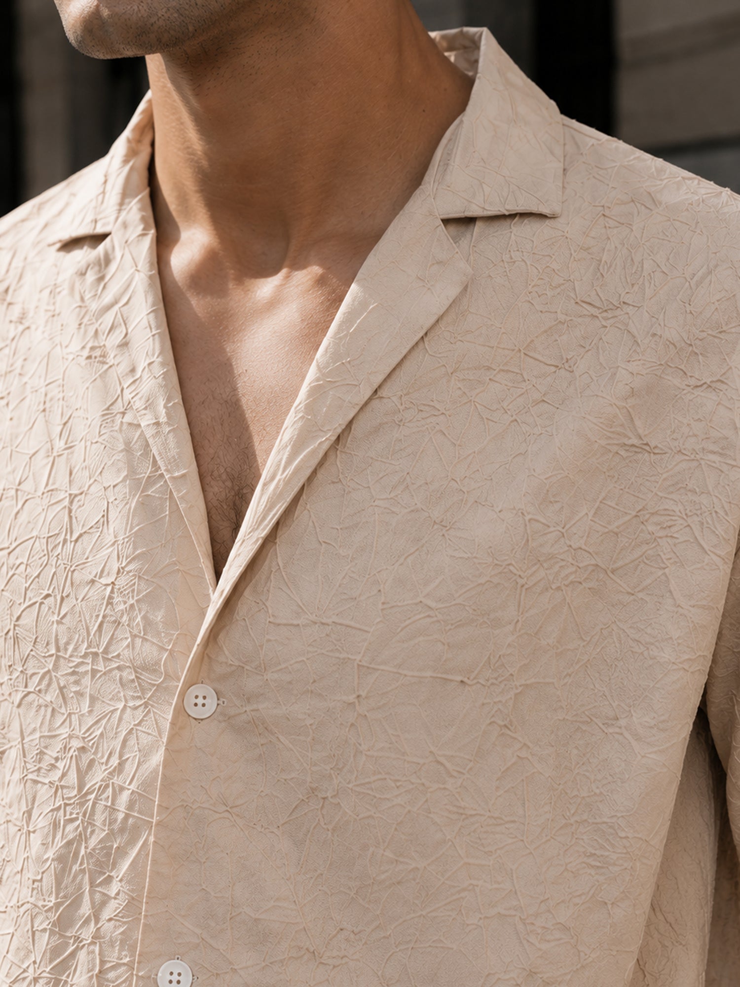 Men Beige Textured Full Sleeve Smart Casual Shirt