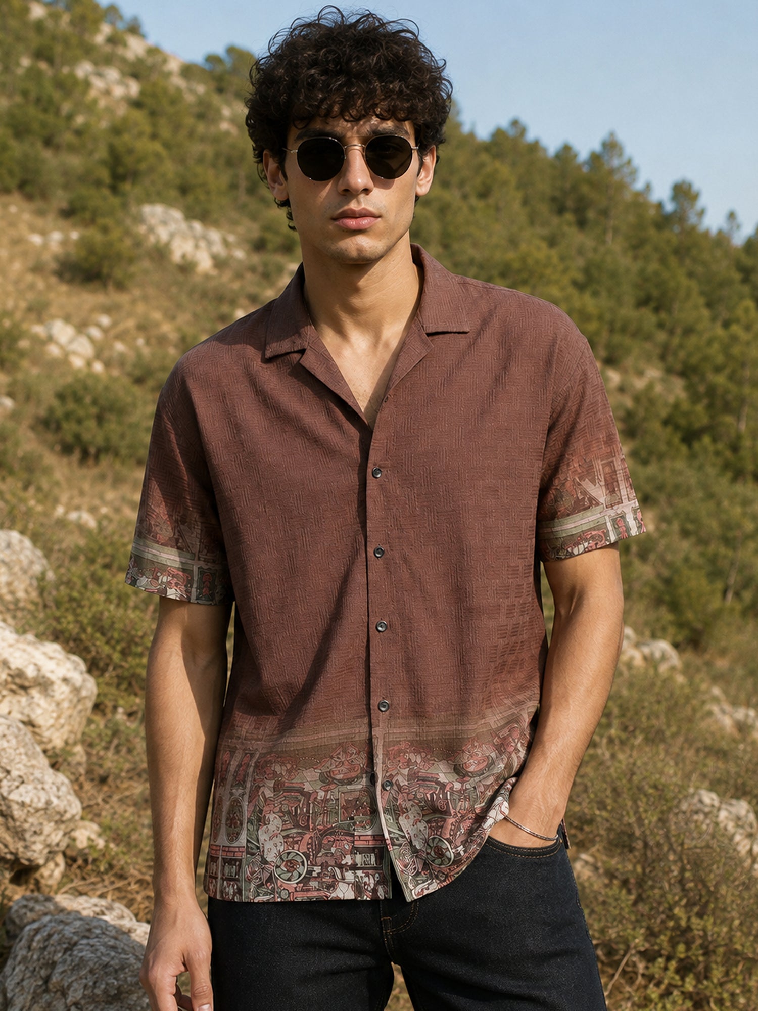 Men Brown Print Casual Shirt