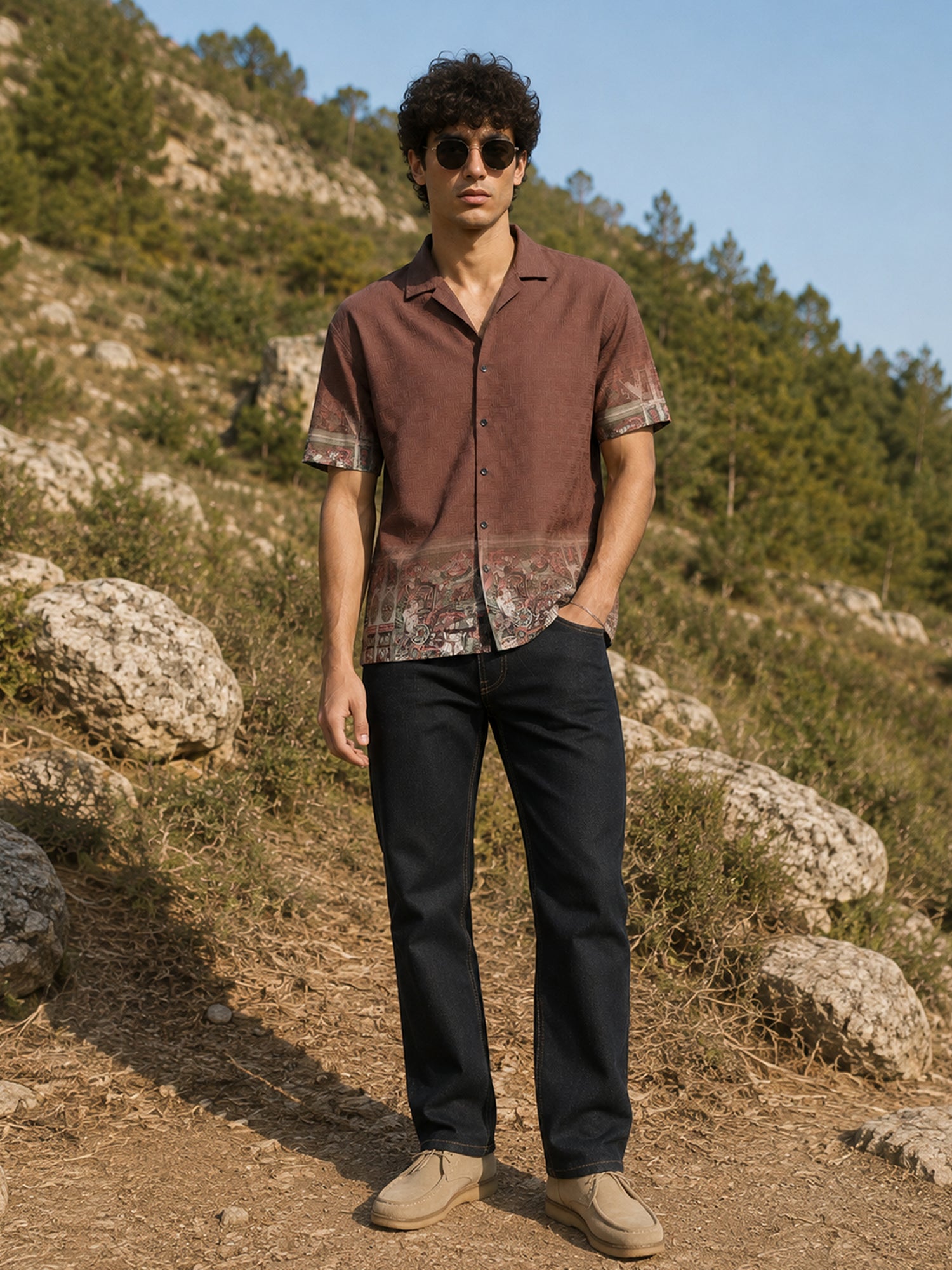 Men Brown Print Casual Shirt
