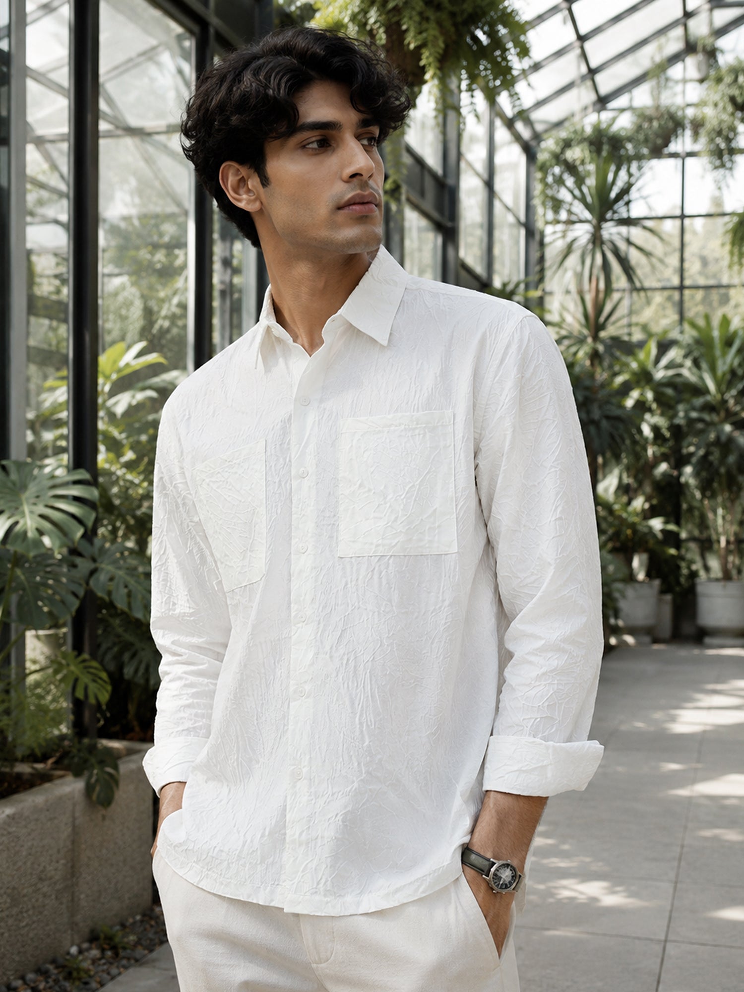 Men White Textured Full Sleeve Smart Casual Shirt