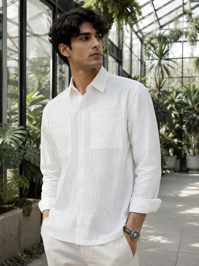 Men White Textured Full Sleeve Smart Casual Shirt