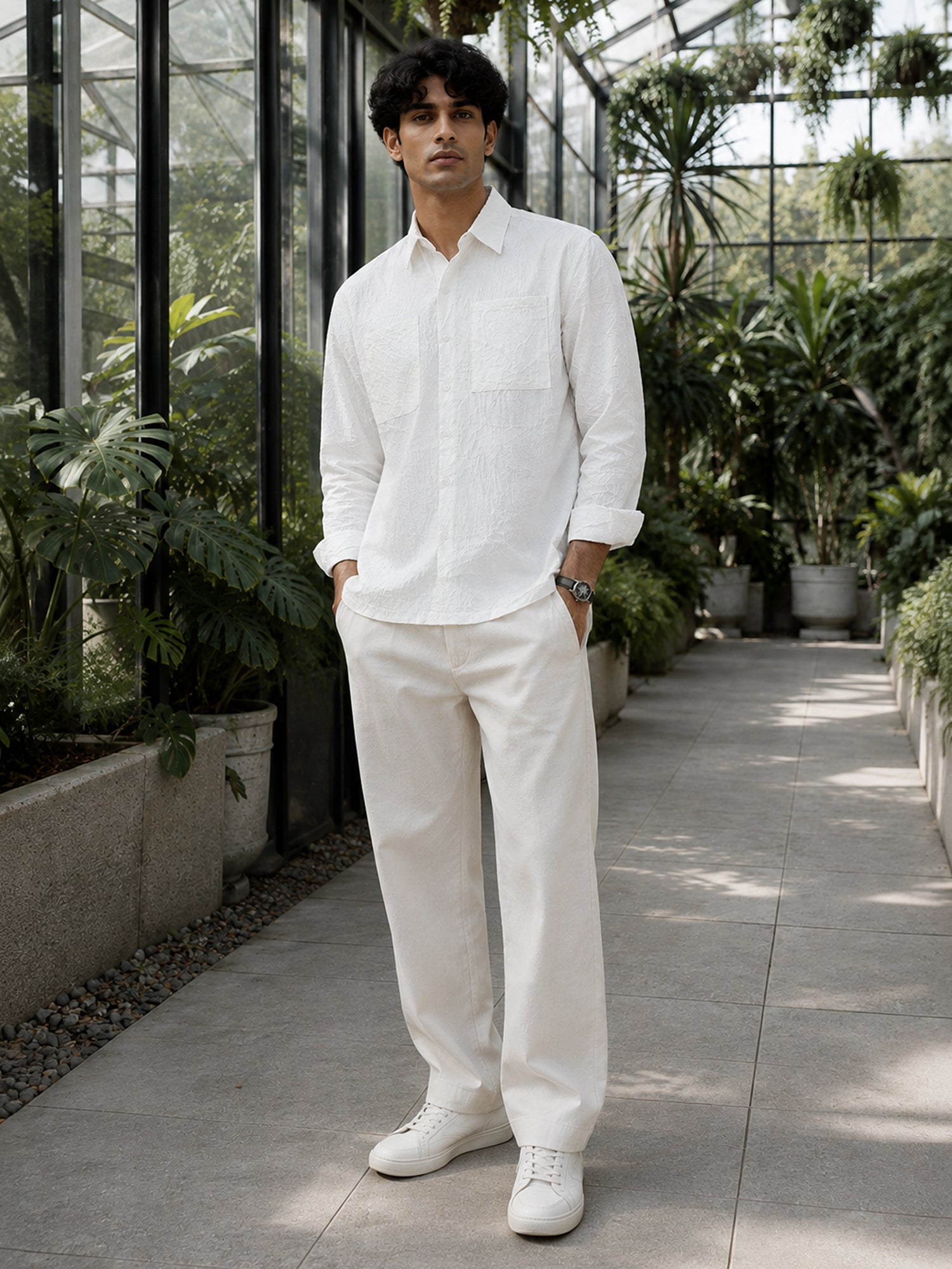 Men White Textured Full Sleeve Smart Casual Shirt
