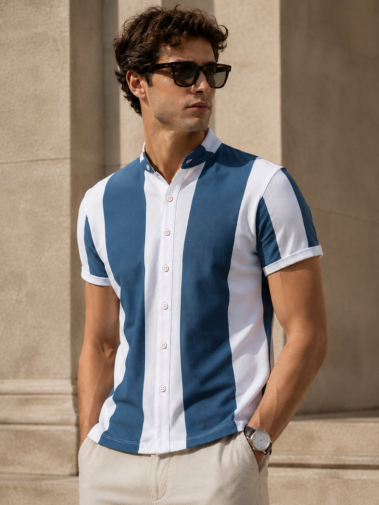 Men White Awning Stripe Slim Fit Half Sleeve Shirt