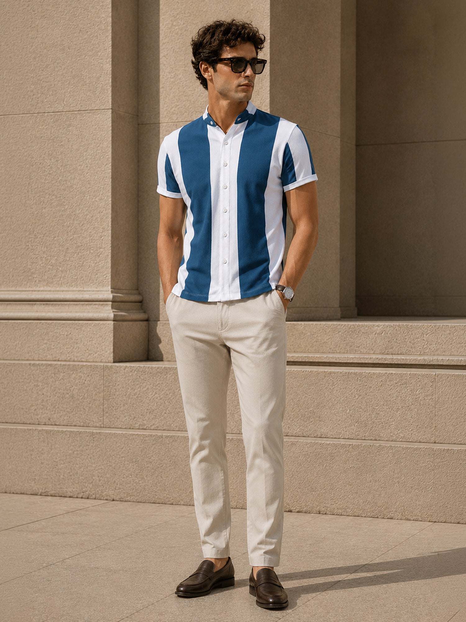 Men White Awning Stripe Slim Fit Half Sleeve Shirt