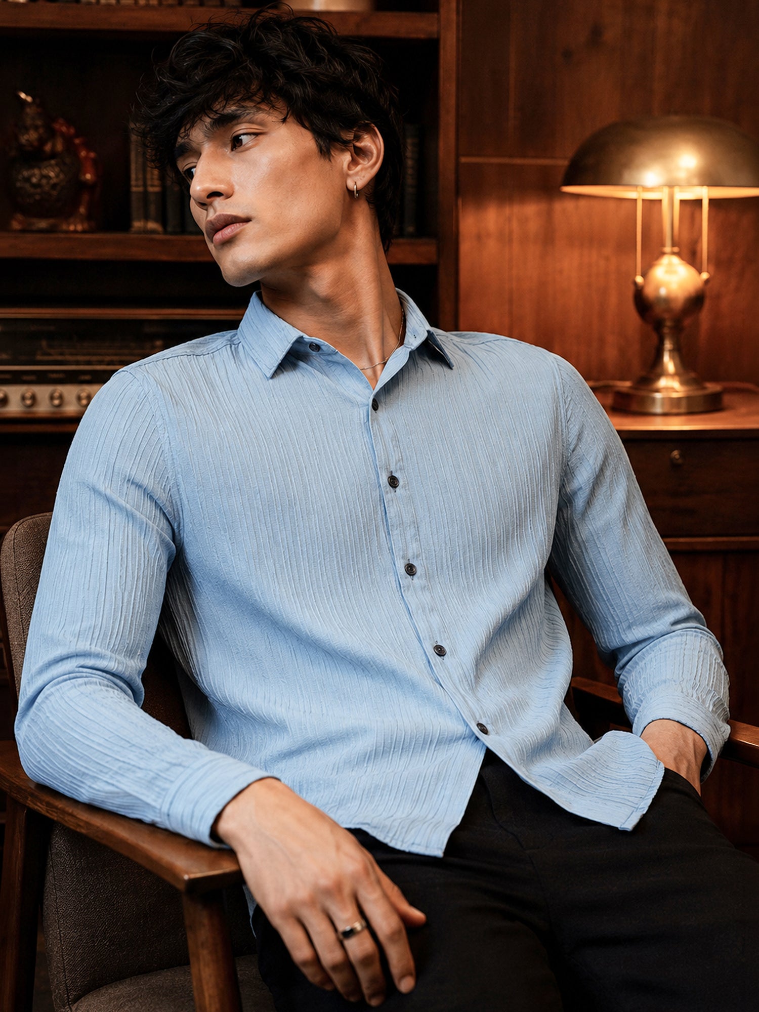 Men Light Blue Textured Full Sleeve Casual Shirt