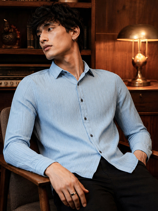 Men Light Blue Textured Full Sleeve Casual Shirt