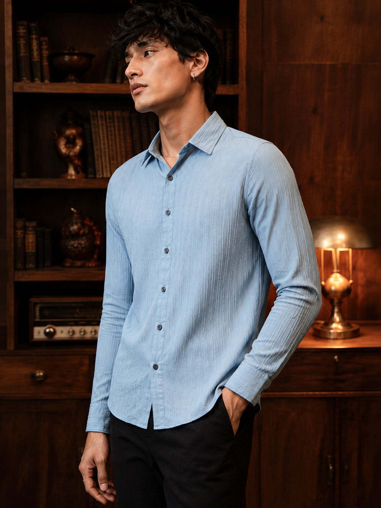 Men Light Blue Textured Full Sleeve Casual Shirt