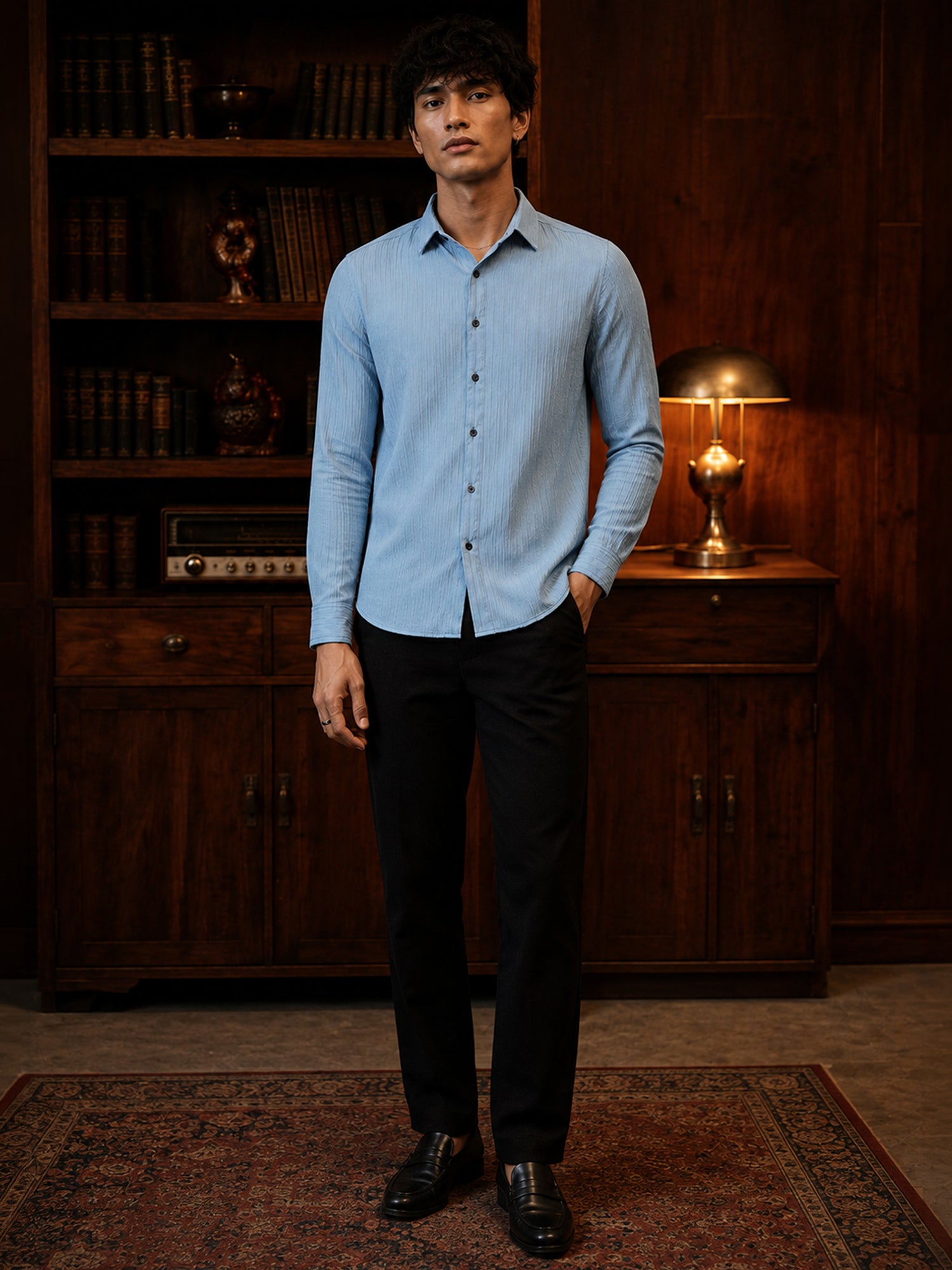 Men Light Blue Textured Full Sleeve Casual Shirt