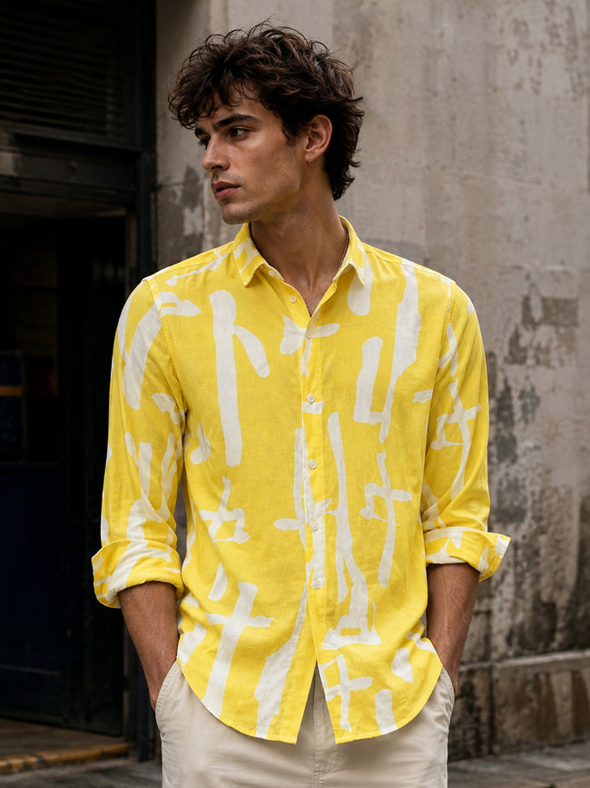 Men Yellow Abstract Print Full Sleeve Casual Shirt