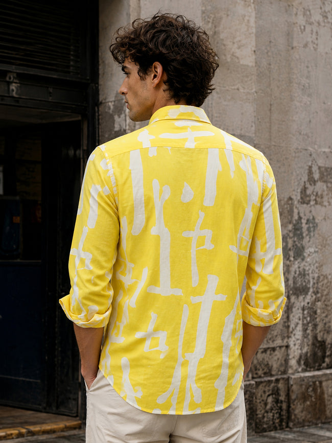 Men Yellow Abstract Print Full Sleeve Casual Shirt
