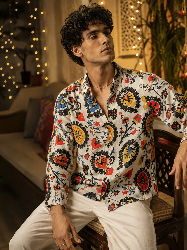 Men Beige Floral Print Full Sleeve Casual Shirt