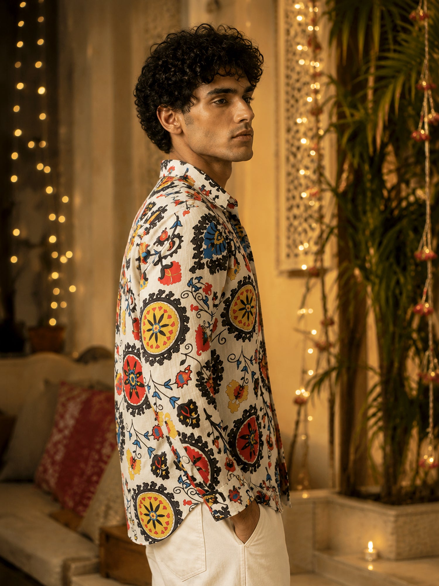 Men Beige Floral Print Full Sleeve Casual Shirt