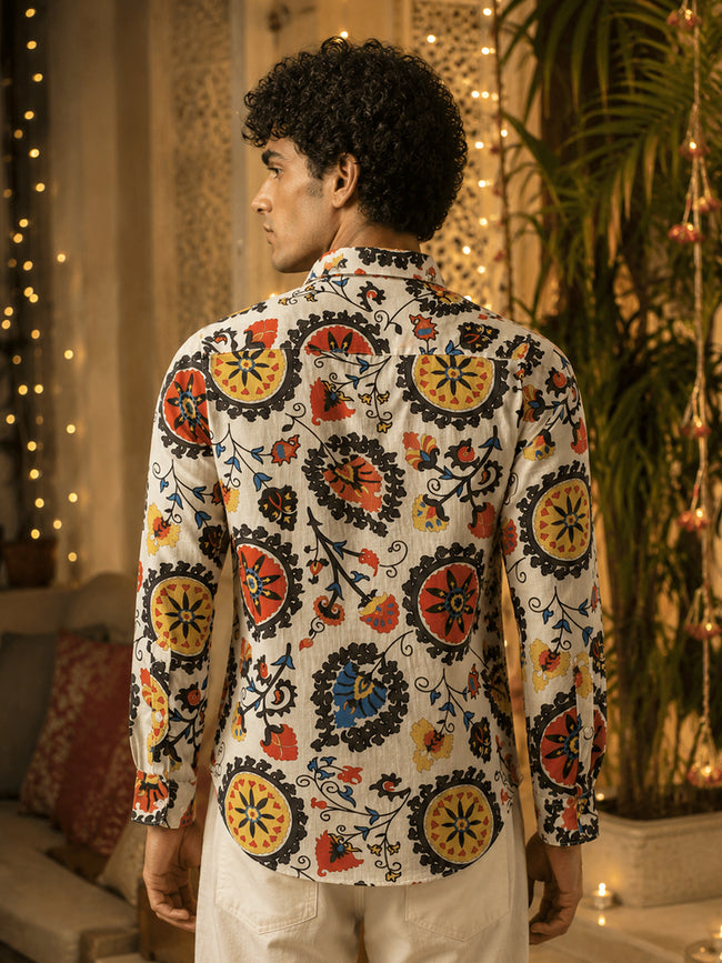 Men Beige Floral Print Full Sleeve Casual Shirt