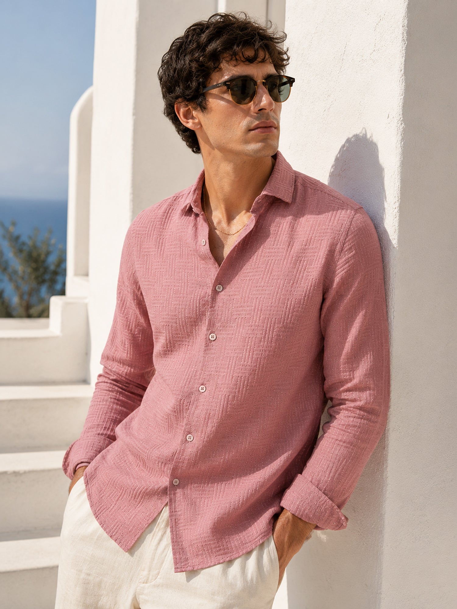 Men Pink Self-Design Full Sleeve Casual Shirt