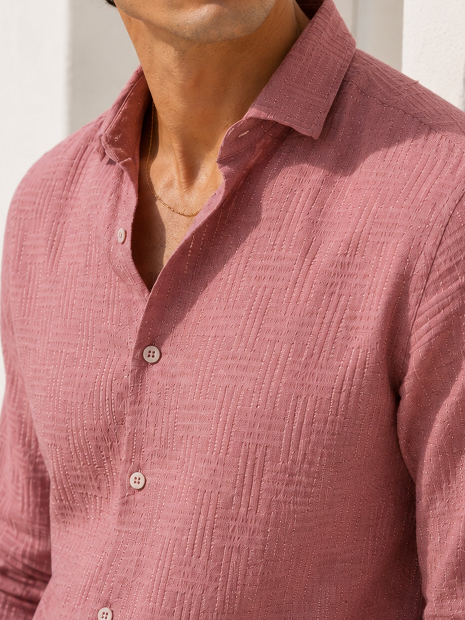 Men Pink Self-Design Full Sleeve Casual Shirt