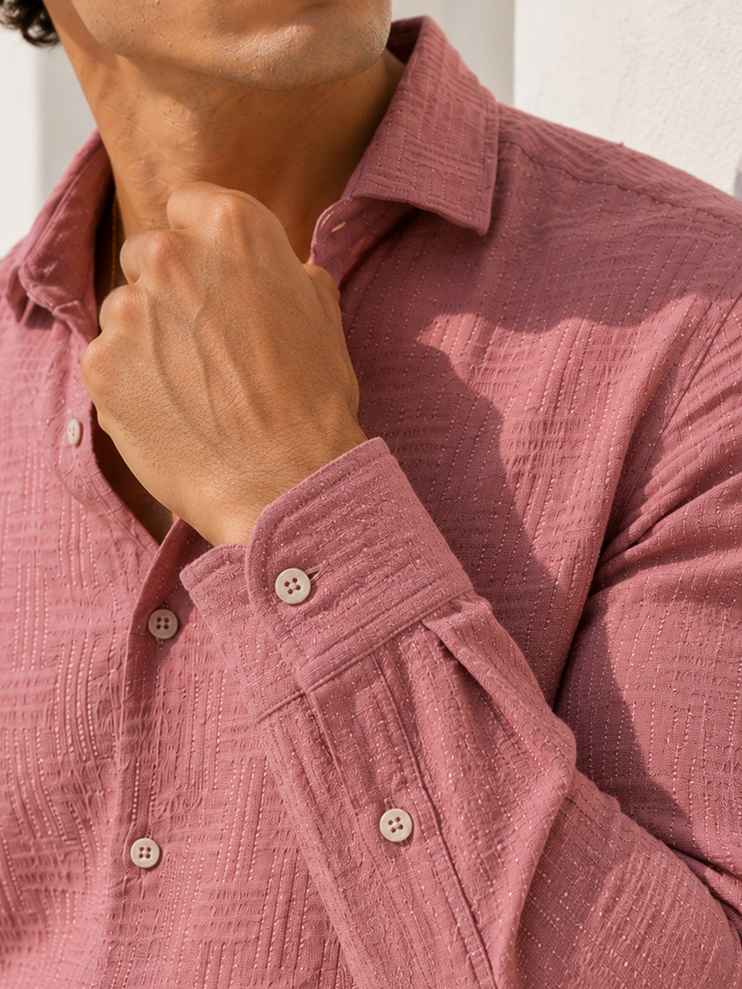 Men Pink Self-Design Full Sleeve Casual Shirt