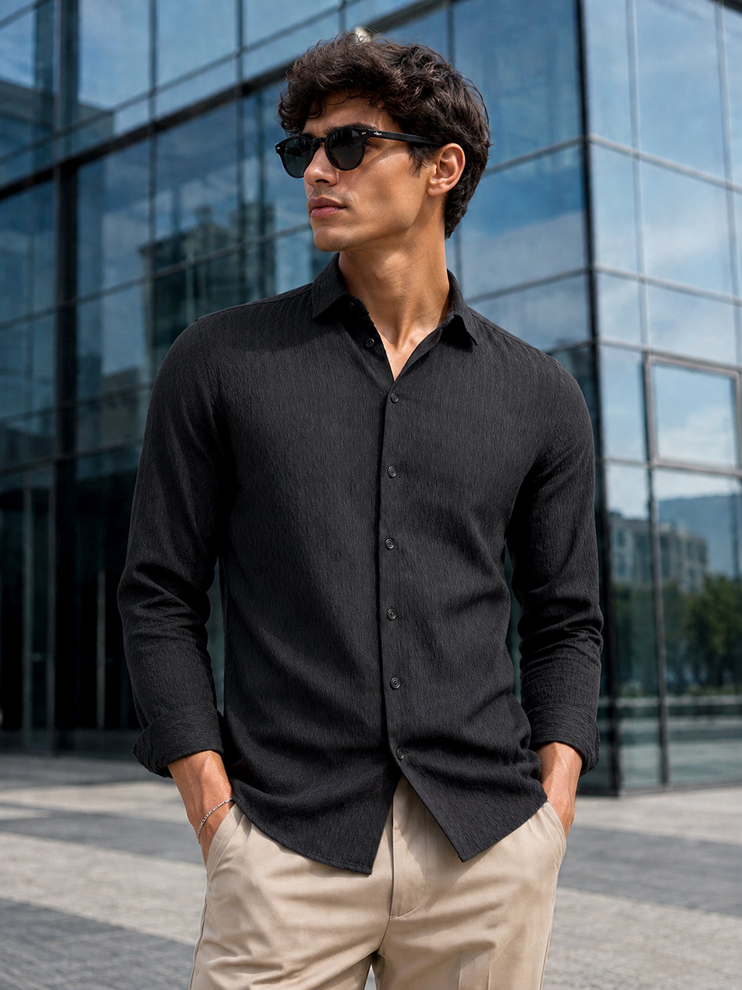 Men Black Textured Slim Fit Full Sleeve Casual Shirt