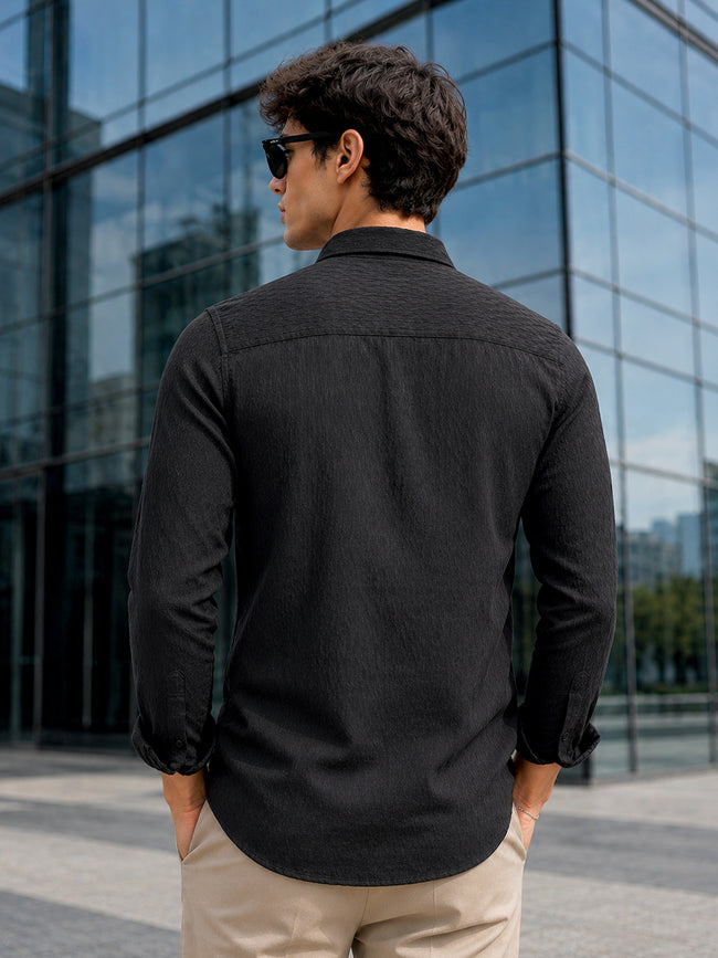 Men Black Textured Slim Fit Full Sleeve Casual Shirt