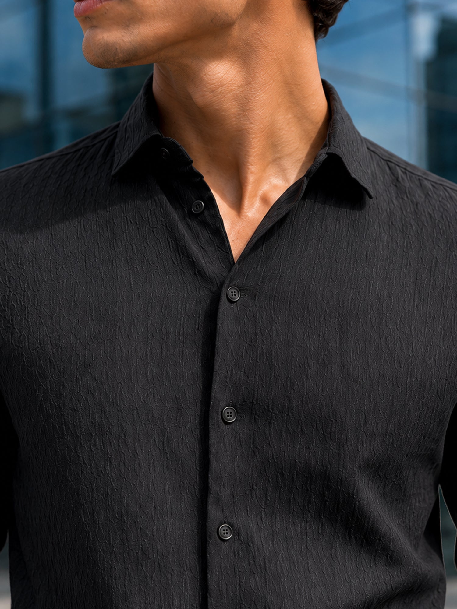 Men Black Textured Slim Fit Full Sleeve Casual Shirt