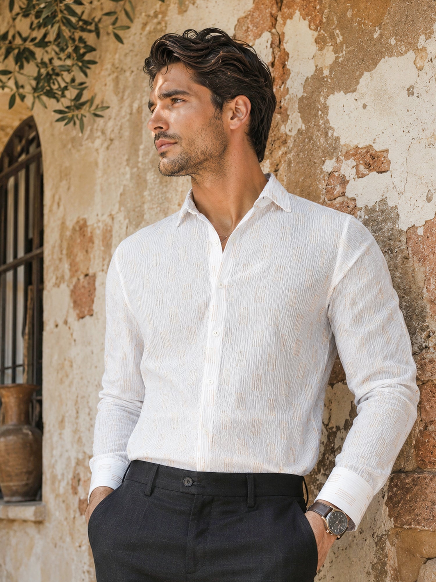Men White Textured Full Sleeve Party Shirt