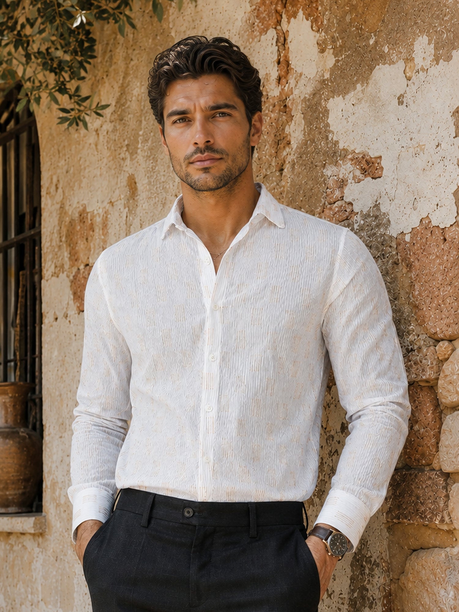 Men White Textured Full Sleeve Party Shirt