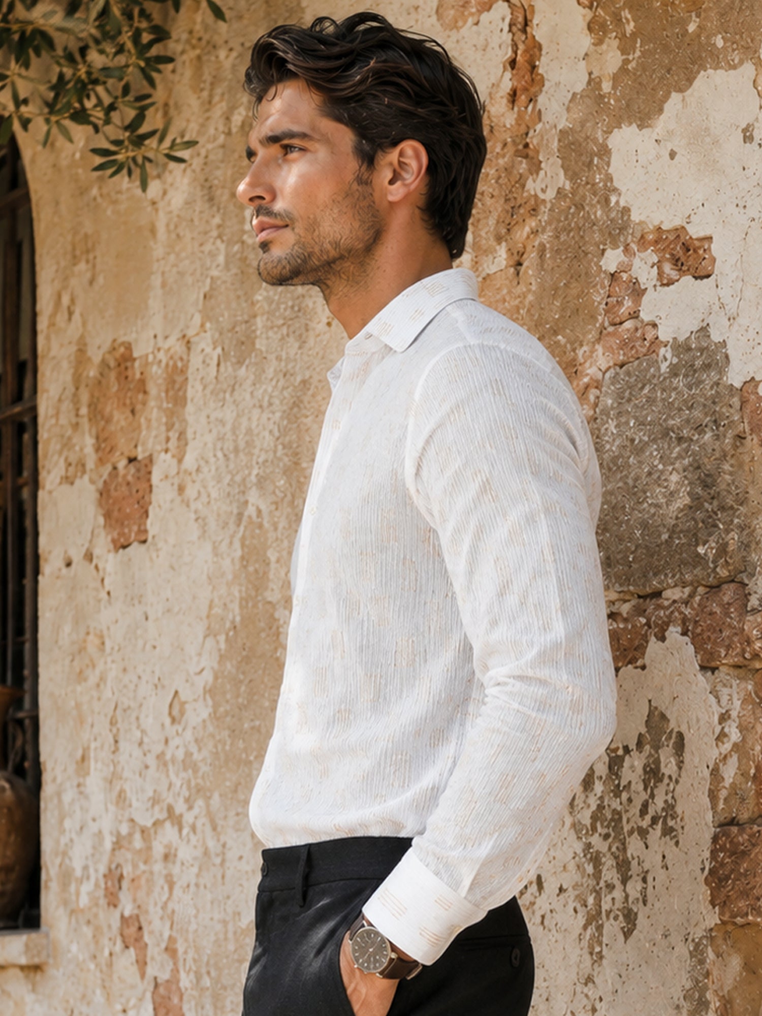 Men White Textured Full Sleeve Party Shirt