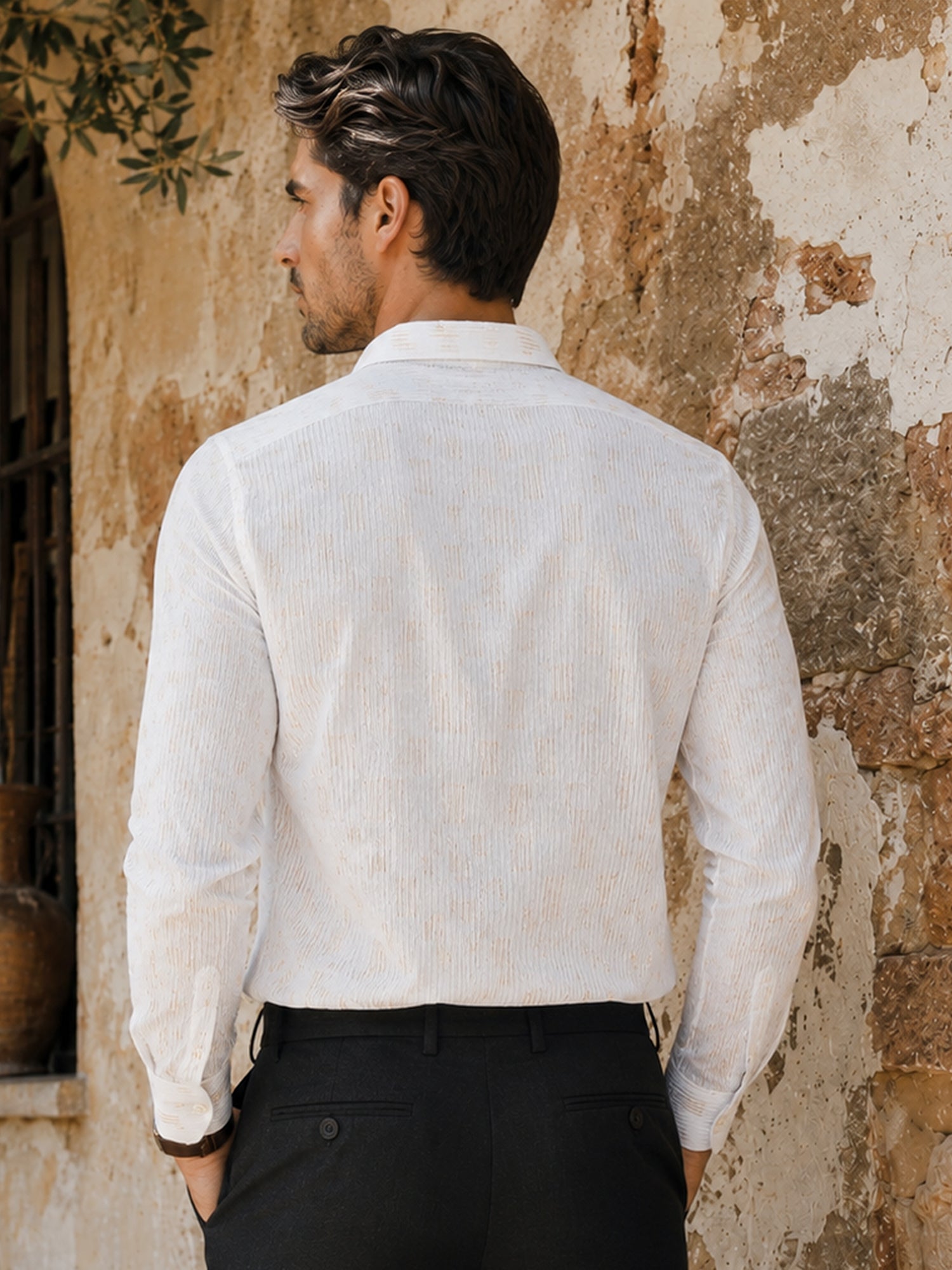 Men White Textured Full Sleeve Party Shirt
