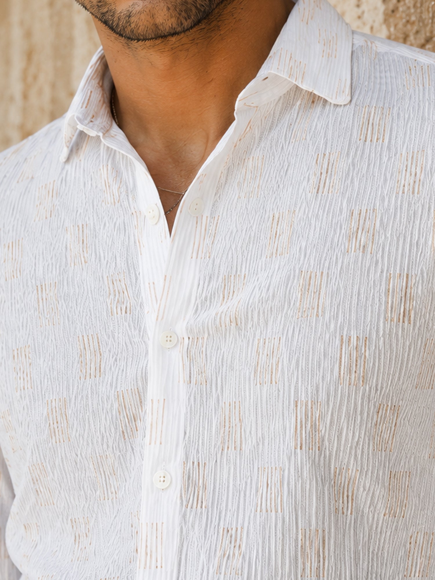 Men White Textured Full Sleeve Party Shirt