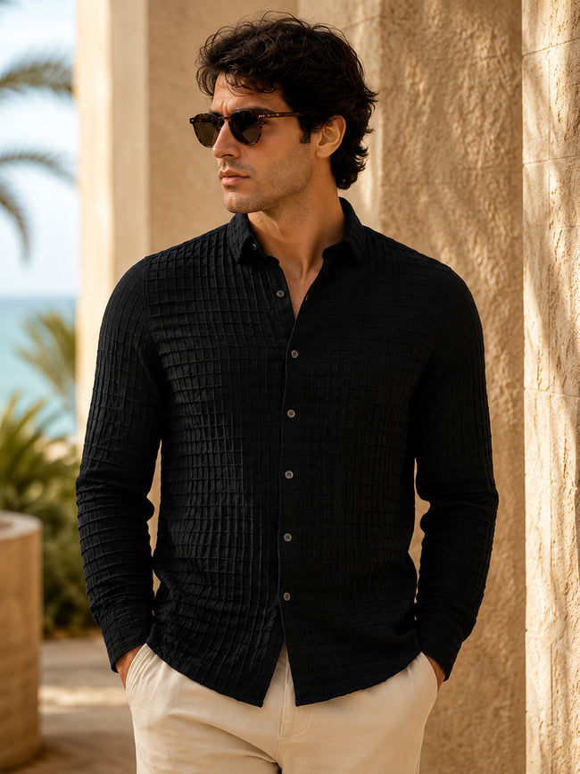 Men Black Textured Full Sleeve Smart Casual Shirt