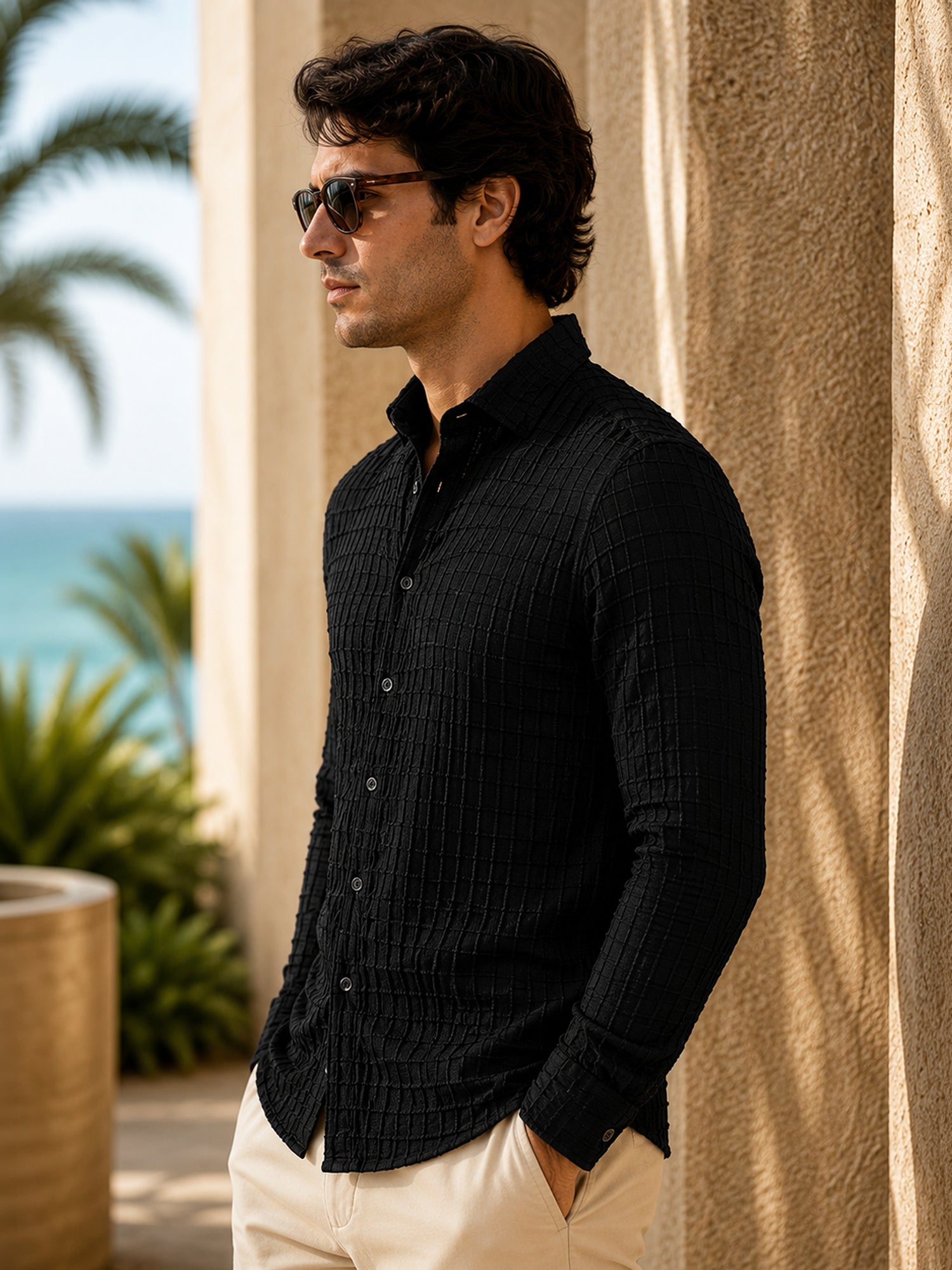 Men Black Textured Full Sleeve Smart Casual Shirt