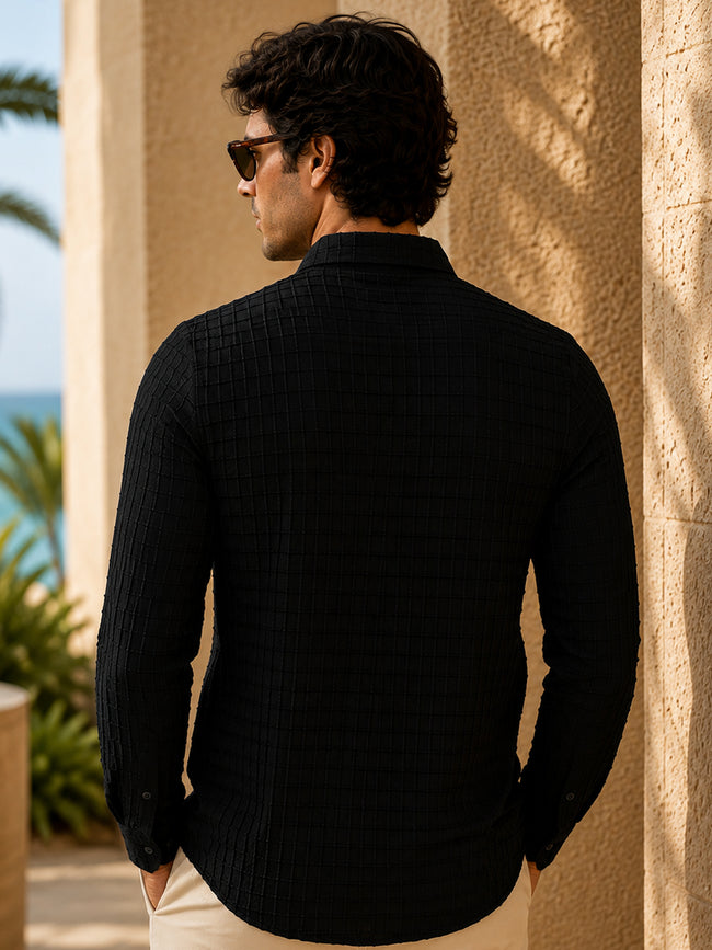 Men Black Textured Full Sleeve Smart Casual Shirt