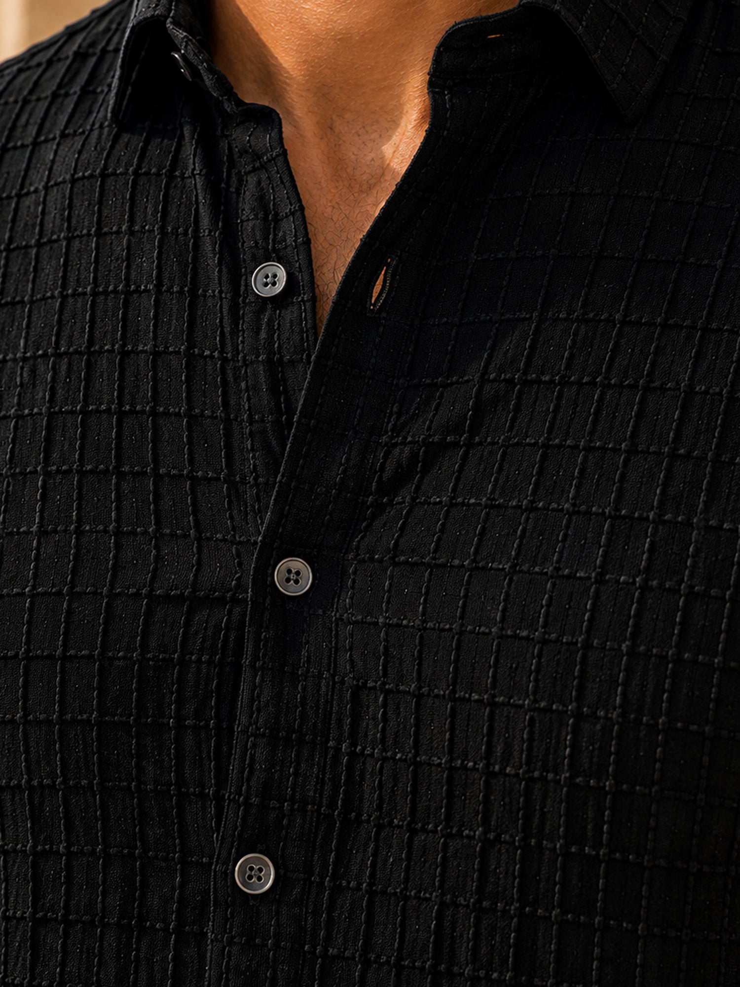 Men Black Textured Full Sleeve Smart Casual Shirt