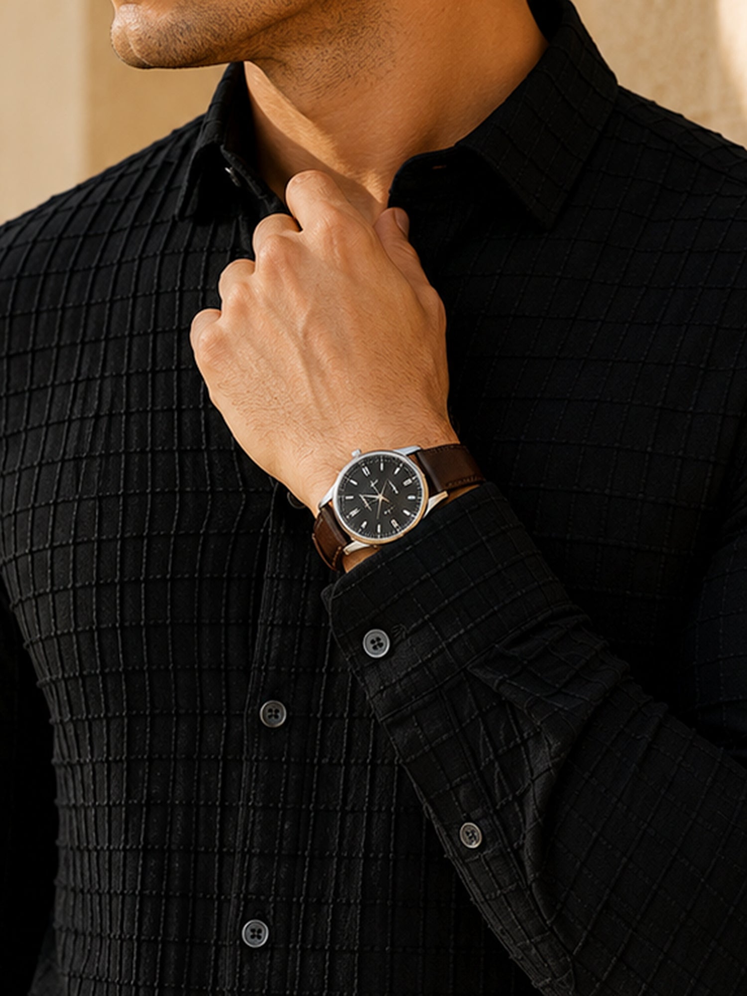 Men Black Textured Full Sleeve Smart Casual Shirt