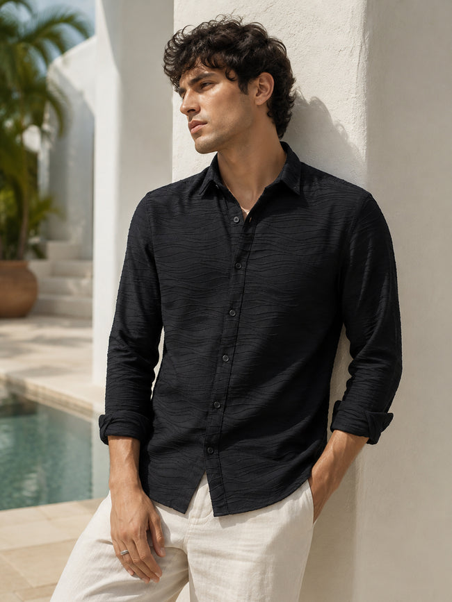 Men Black Textured Full Sleeve Everyday Casual Shirt
