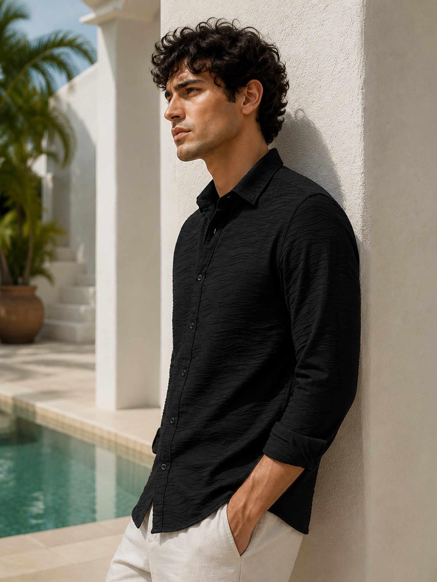Men Black Textured Full Sleeve Everyday Casual Shirt