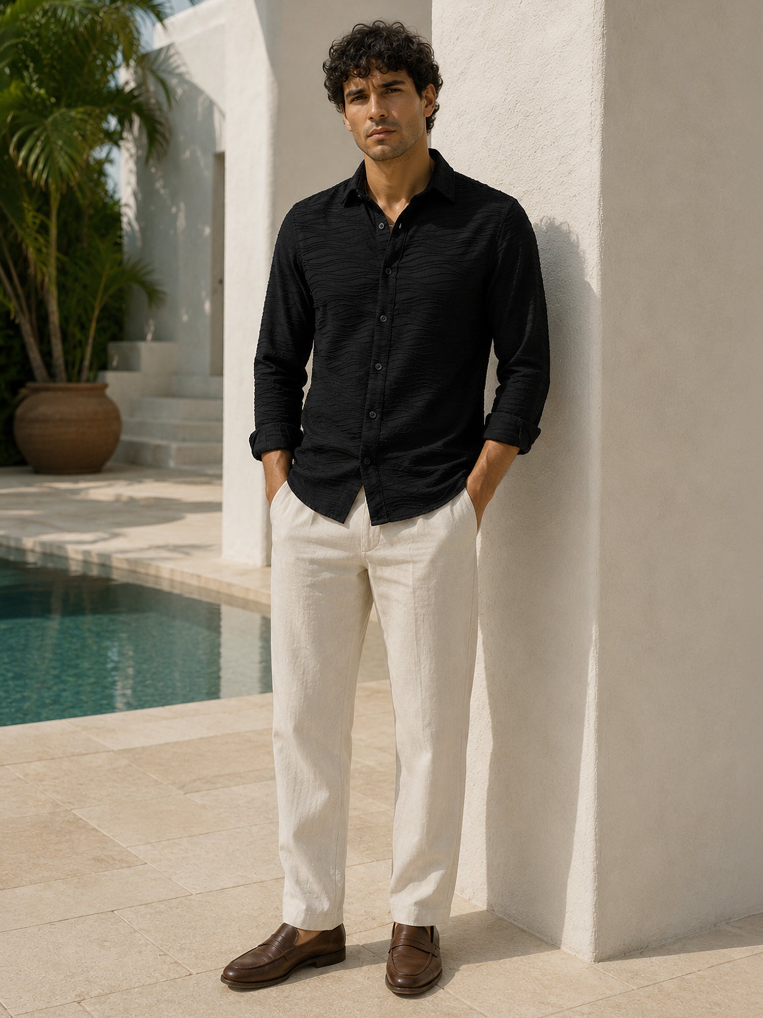 Men Black Textured Full Sleeve Everyday Casual Shirt