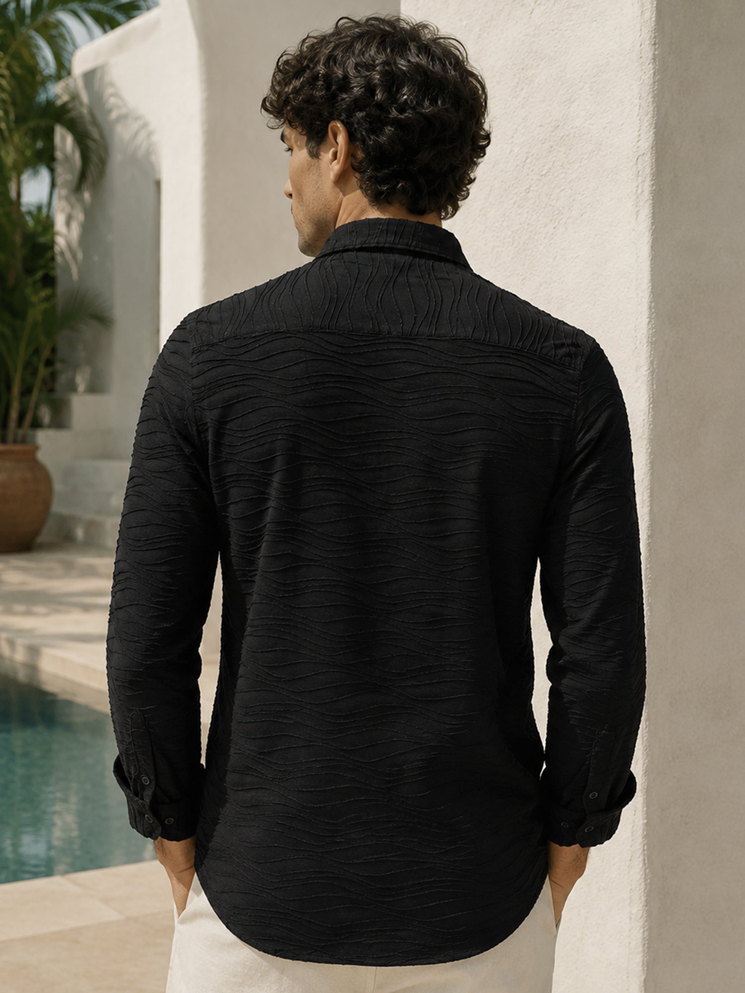 Men Black Textured Full Sleeve Everyday Casual Shirt
