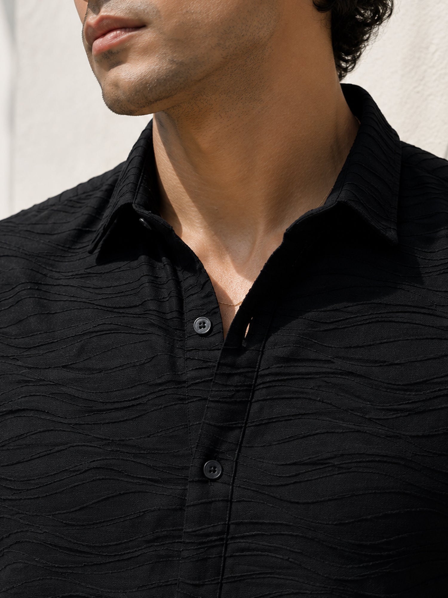 Men Black Textured Full Sleeve Everyday Casual Shirt
