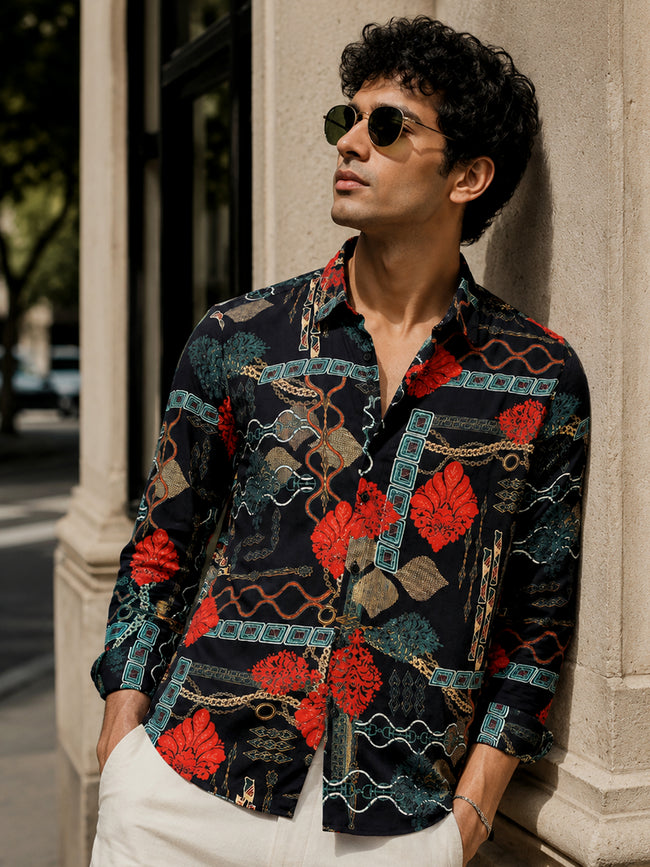 Men Black Abstract Print Casual Shirt