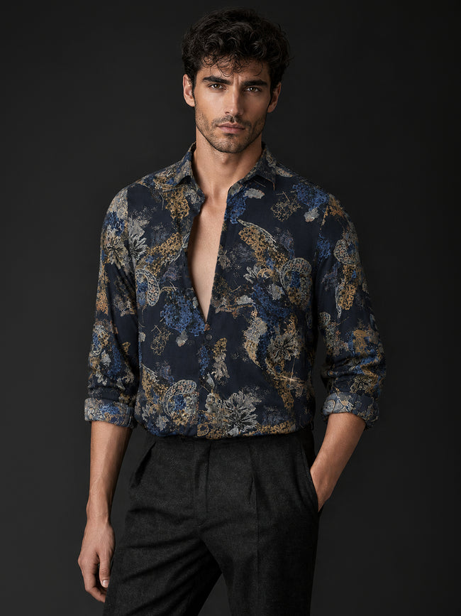 Men Black Organic Abstract Full Sleeve Night-Out Shirt
