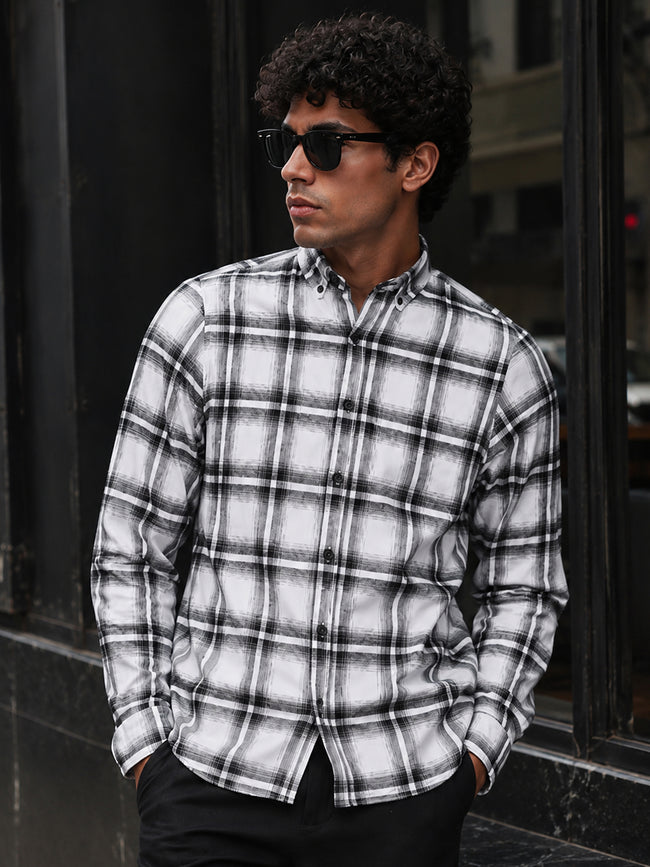 Men White Tartan Check Full Sleeve Casual Shirt