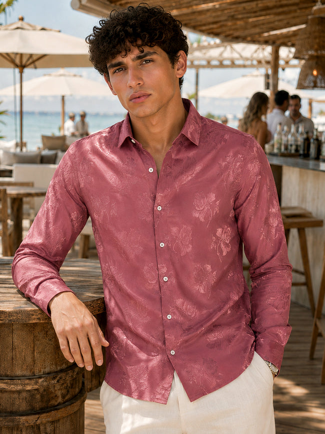 Men Pink Self-Design Full Sleeve Party Shirt