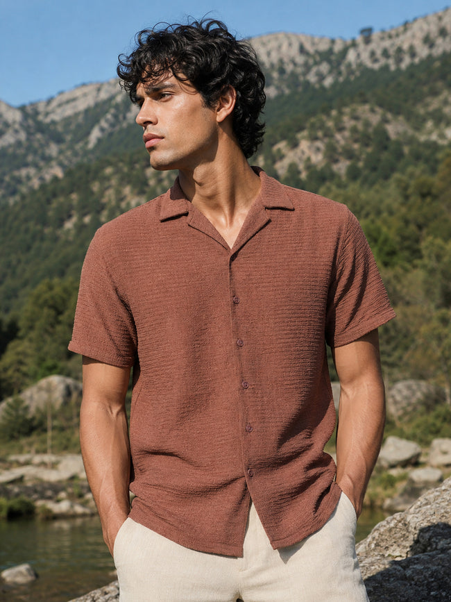 Men Brown Textured Half Sleeve Casual Shirt